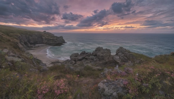 A landscape surrounded by a lush sunset outdoors