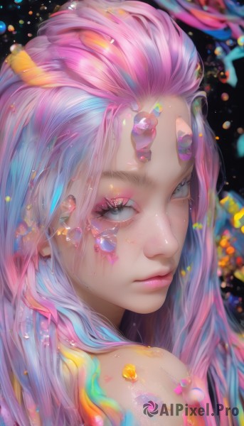 1girl,solo,long hair,looking at viewer,bare shoulders,closed mouth,blue hair,upper body,pink hair,multicolored hair,looking back,blurry,lips,grey eyes,eyelashes,makeup,portrait,eyeshadow,realistic,nose,eyeliner,colorful,mascara,rainbow hair,blue eyes,jewelry,artist name,gradient hair,watermark,web address,light particles,freckles,pink lips