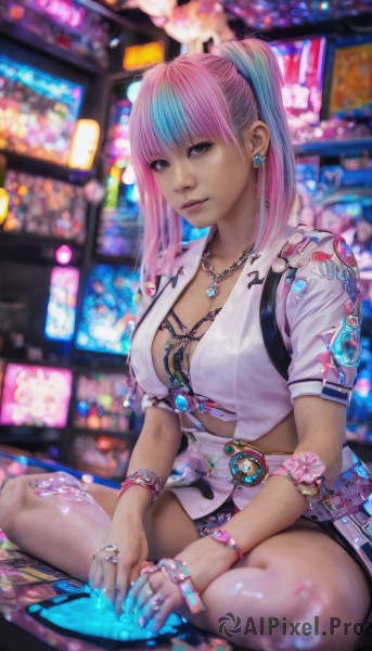 1girl,solo,long hair,breasts,looking at viewer,bangs,skirt,shirt,cleavage,twintails,jewelry,medium breasts,sitting,closed mouth,underwear,blue hair,white shirt,pink hair,short sleeves,multicolored hair,earrings,shorts,midriff,belt,dark skin,blunt bangs,medium hair,pink eyes,necklace,nail polish,bra,blurry,bracelet,two-tone hair,dark-skinned female,lips,fingernails,gradient hair,depth of field,blurry background,ring,bandaid,realistic,indian style,badge,large breasts,purple eyes,ponytail,streaked hair,crop top,short shorts,makeup,watermark,piercing,ear piercing,web address,nose,neon lights