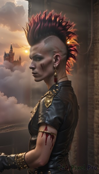 1girl,solo,breasts,short hair,gloves,jewelry,closed mouth,upper body,short sleeves,red hair,multicolored hair,earrings,small breasts,outdoors,sky,black gloves,belt,cloud,dark skin,necklace,from side,two-tone hair,lips,blood,profile,scar,piercing,cloudy sky,armlet,freckles,sunset,injury,blood on face,realistic,nose,sun,very short hair,leather,undercut,castle,tower,cuts,mohawk,shirt,1boy,male focus,bracelet,black shirt,ear piercing,armband,stitches,white eyes