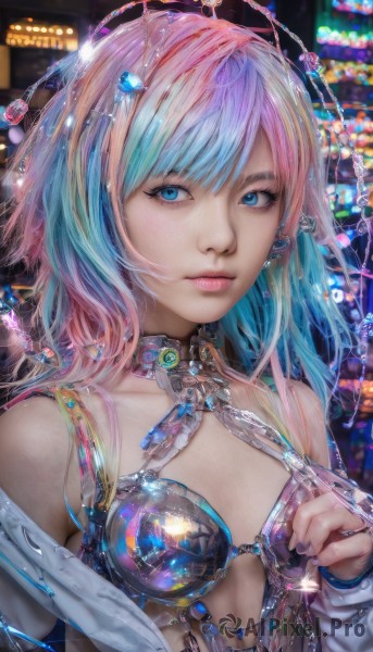 1girl,solo,long hair,breasts,looking at viewer,bangs,blue eyes,bare shoulders,jewelry,closed mouth,blue hair,collarbone,upper body,pink hair,multicolored hair,earrings,small breasts,open clothes,signature,off shoulder,nail polish,blurry,two-tone hair,lips,fingernails,eyelashes,aqua hair,gradient hair,makeup,chain,piercing,gem,pink lips,realistic,nose,cyberpunk,hair ornament,swimsuit,bikini,sparkle,ring,bikini top only,pink nails,long fingernails,crystal,purple nails,rainbow hair