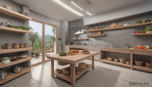 food,day,indoors,tree,cup,no humans,window,fruit,table,bottle,plant,scenery,plate,bowl,apple,basket,potted plant,carrot,bread,shelf,meat,kitchen,tomato,vegetable,cutting board,groceries,sky,shoes,cloud,blue sky,shadow,sunlight,box,wooden floor,shade,jar,sink,counter,refrigerator,kettle,stove,potato