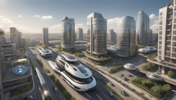 outdoors,sky,day,cloud,tree,blue sky,no humans,cloudy sky,grass,ground vehicle,building,scenery,motor vehicle,science fiction,city,car,road,cityscape,ruins,skyscraper,overgrown,vehicle focus,river