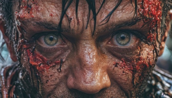 1girl,solo,looking at viewer,black hair,1boy,brown eyes,yellow eyes,male focus,water,blurry,eyelashes,blood,depth of field,blurry background,portrait,close-up,reflection,realistic,eye focus,facial hair,scar,veins,injury,blood on face