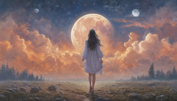 1girl,solo,long hair,black hair,long sleeves,dress,standing,outdoors,sky,barefoot,cloud,from behind,white dress,tree,night,moon,cloudy sky,grass,star (sky),nature,night sky,scenery,full moon,forest,starry sky,walking,rock,arms at sides,facing away,fantasy,wide shot,planet,landscape