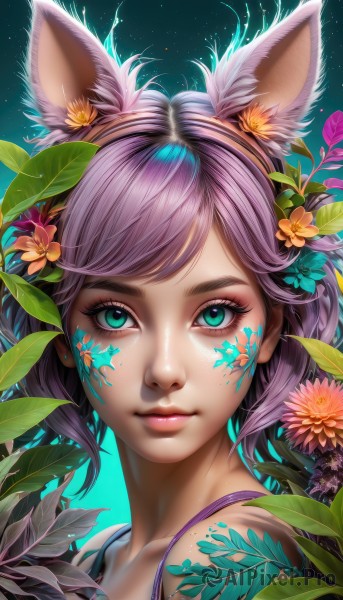 1girl,solo,looking at viewer,short hair,bangs,hair ornament,animal ears,bare shoulders,closed mouth,green eyes,collarbone,purple hair,flower,hairband,artist name,cat ears,hair flower,aqua eyes,lips,fox ears,eyelashes,makeup,swept bangs,leaf,facial mark,plant,portrait,eyeshadow,pink lips,nose,whisker markings,facepaint,mascara,blue eyes,realistic