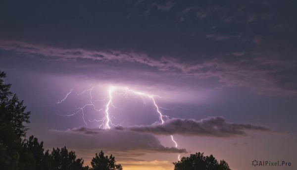 outdoors,sky,cloud,tree,no humans,cloudy sky,nature,scenery,forest,sunset,electricity,lightning,purple sky,gradient sky