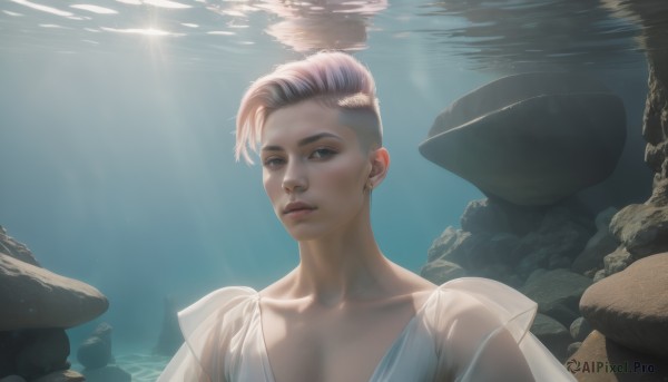 1girl,solo,looking at viewer,short hair,shirt,1boy,brown eyes,jewelry,collarbone,upper body,grey hair,male focus,multicolored hair,earrings,parted lips,water,two-tone hair,lips,see-through,piercing,sunlight,ear piercing,light rays,rock,underwater,realistic,nose,undercut,dress,closed mouth,pink hair,portrait,asymmetrical hair,very short hair