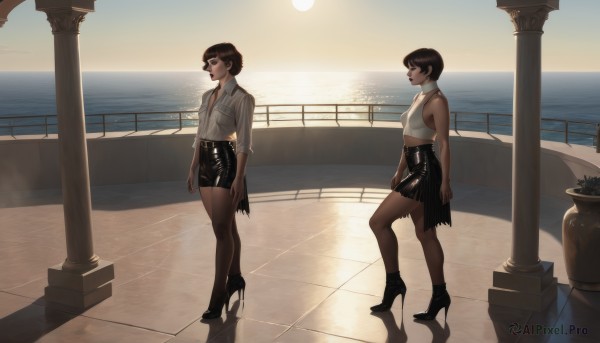 breasts,short hair,multiple girls,skirt,brown hair,shirt,black hair,2girls,bare shoulders,jewelry,closed mouth,standing,full body,white shirt,earrings,boots,outdoors,sky,shoes,sleeveless,striped,collared shirt,miniskirt,black skirt,water,black footwear,high heels,crop top,sleeveless shirt,profile,ocean,vertical stripes,dual persona,high heel boots,reflection,walking,sunset,striped shirt,railing,sun,horizon,leather,pillar,symmetry,pantyhose,small breasts,glasses,day,looking at another,lips,makeup,sunglasses,lipstick,sleeves rolled up,pencil skirt,backlighting,black-framed eyewear,high-waist skirt,red lips,very short hair