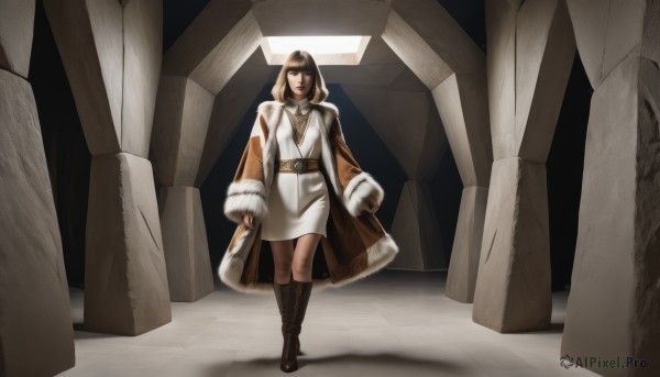 1girl,solo,long hair,looking at viewer,short hair,brown hair,black hair,long sleeves,dress,brown eyes,closed mouth,standing,full body,boots,belt,hood,coat,fur trim,brown footwear,knee boots,walking,pillar,tunic,column,bangs,holding,indoors,black footwear,white dress,cloak,robe