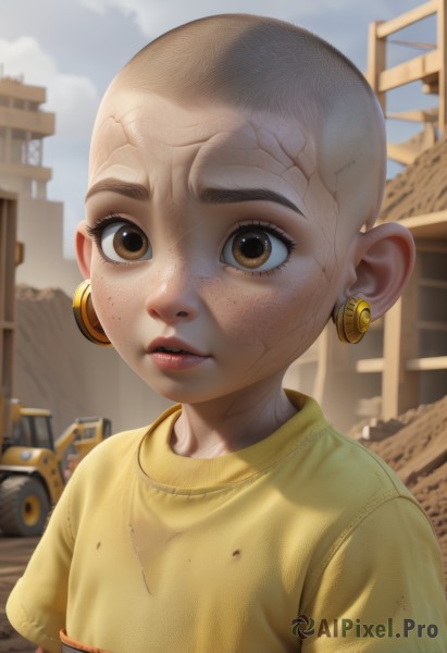 1girl,solo,looking at viewer,short hair,shirt,brown eyes,jewelry,upper body,short sleeves,earrings,outdoors,parted lips,sky,day,artist name,blurry,lips,ground vehicle,building,child,motor vehicle,freckles,yellow shirt,realistic,nose,female child,bald,1boy,male focus,teeth,cloud,eyelashes,aged down,t-shirt,genderswap,genderswap (mtf),dirty,dirty face,dirty clothes