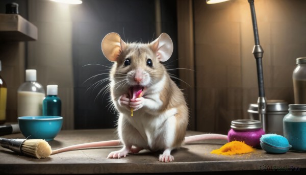 HQ,holding,food,indoors,black eyes,no humans,animal,cat,mirror,realistic,basket,animal focus,mouse,whiskers,hamster,yarn,solo,looking at viewer,open mouth,standing,full body,bottle,bowl,lamp,paintbrush,white fur