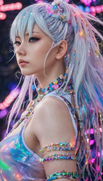 1girl,solo,long hair,breasts,looking at viewer,bangs,hair ornament,bare shoulders,jewelry,medium breasts,closed mouth,blue hair,upper body,grey hair,multicolored hair,necklace,blurry,from side,lips,see-through,grey eyes,eyelashes,makeup,blurry background,gem,armlet,realistic,nose,blue eyes,swimsuit,ponytail,white hair,bikini,parted lips,choker,artist name,watermark,expressionless,web address,eyeshadow,beads,eyeliner,mascara