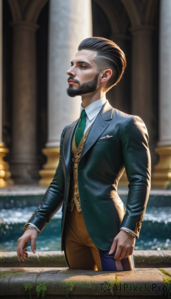 solo,short hair,shirt,black hair,long sleeves,1boy,standing,jacket,white shirt,male focus,cowboy shot,outdoors,parted lips,open clothes,necktie,collared shirt,pants,blurry,black eyes,vest,open jacket,lips,fingernails,blurry background,facial hair,formal,suit,beard,realistic,nose,green necktie,pillar,closed mouth,artist name,black jacket,looking to the side,mustache,very short hair,brown pants,yellow pants