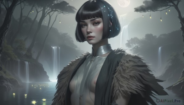 1girl,solo,breasts,looking at viewer,short hair,bangs,black hair,brown eyes,jewelry,closed mouth,nipples,upper body,flower,small breasts,outdoors,blunt bangs,water,tree,lips,fur trim,no bra,night,moon,bob cut,revealing clothes,nature,full moon,forest,realistic,nose,waterfall,blush,earrings,sky,choker,necklace,black eyes,grey eyes,eyelashes,nipple slip,lake,lily pad,fireflies