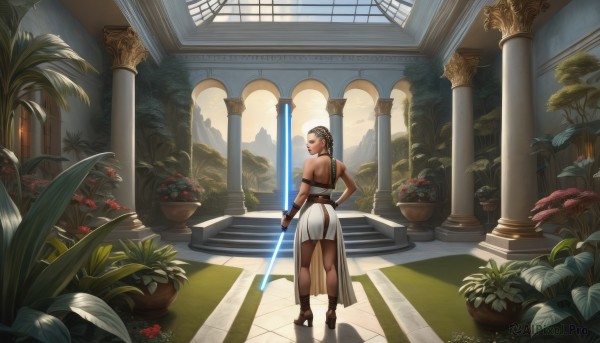 1girl,solo,long hair,looking at viewer,skirt,brown hair,black hair,holding,bare shoulders,brown eyes,jewelry,standing,weapon,ass,flower,looking back,sword,indoors,dark skin,from behind,holding weapon,bracelet,dark-skinned female,hand on hip,sandals,sunlight,plant,scenery,armband,armlet,potted plant,pillar,energy sword,column,underwear,ponytail,boots,bra,lips,window,back,science fiction,realistic,garden,lightsaber