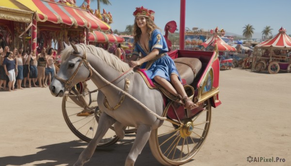 1girl,long hair,breasts,multiple girls,blonde hair,brown hair,dress,cleavage,jewelry,sitting,flower,short sleeves,outdoors,multiple boys,sky,barefoot,solo focus,day,bracelet,tree,blue sky,blue dress,shadow,ocean,6+girls,beach,sandals,blue shirt,ground vehicle,motor vehicle,6+boys,sand,anklet,palm tree,riding,horse,crowd,horseback riding,people,smile,shirt,black hair,hat,umbrella,faceless,faceless male,fantasy,faceless female