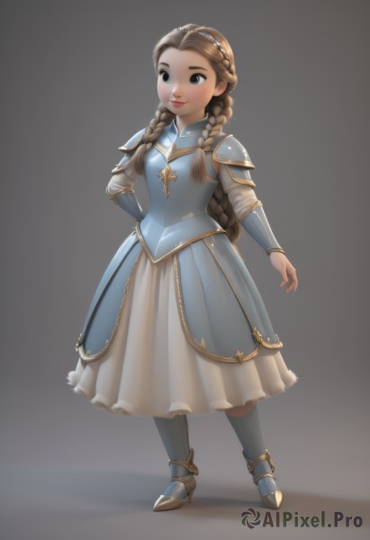 1girl,solo,long hair,smile,skirt,simple background,brown hair,dress,brown eyes,closed mouth,standing,full body,braid,hairband,boots,grey background,armor,twin braids,lips,hand on hip,blue dress,tiara,shoulder armor,pauldrons,breastplate,armored dress,armored boots,greaves,faulds,plate armor,very long hair,black eyes,high heels,shoulder pads