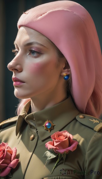 1girl,solo,long hair,blue eyes,hat,jewelry,closed mouth,jacket,upper body,pink hair,flower,earrings,uniform,lips,grey eyes,military,eyelashes,military uniform,makeup,rose,beret,red flower,portrait,pink flower,freckles,green jacket,realistic,nose,pink headwear,pink rose,military jacket,ushanka,blonde hair,parted lips,mole,lipstick,gem,looking afar