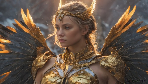 1girl,solo,long hair,blue eyes,blonde hair,closed mouth,upper body,wings,artist name,armor,blurry,lips,looking to the side,blurry background,looking away,shoulder armor,portrait,feathered wings,gold trim,circlet,breastplate,realistic,headpiece,nose,gold,yellow wings,braid,tiara,feathers,crown,head wings,freckles,pauldrons,gold armor,valkyrie