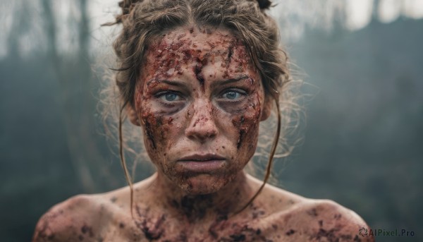 1girl,solo,looking at viewer,short hair,blue eyes,blonde hair,brown hair,1boy,closed mouth,male focus,nude,blurry,lips,blood,blurry background,portrait,blood on face,realistic,dirty,dirty face,collarbone,depth of field,facial hair,expressionless,injury