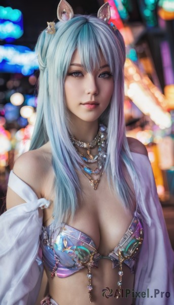 1girl,solo,long hair,breasts,looking at viewer,smile,bangs,blue eyes,large breasts,hair ornament,navel,animal ears,cleavage,bare shoulders,jewelry,medium breasts,blue hair,swimsuit,upper body,bikini,midriff,necklace,blurry,lips,grey eyes,depth of field,blurry background,piercing,horse ears,realistic,light blue hair,hair between eyes,closed mouth,underwear,grey hair,artist name,cat ears,bra