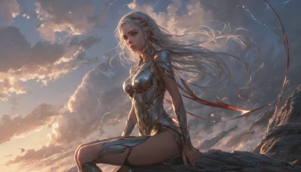 1girl,solo,long hair,breasts,looking at viewer,brown eyes,medium breasts,sitting,closed mouth,white hair,thighs,outdoors,parted lips,sky,pointy ears,cloud,armor,lips,floating hair,bird,cloudy sky,elf,wind,shoulder armor,pauldrons,breastplate,nose,fantasy,red lips,looking afar,lightning,hair ornament,dress,ribbon,very long hair,yellow eyes,cape,parted bangs,looking to the side,pelvic curtain,backlighting,sunset,realistic,vambraces