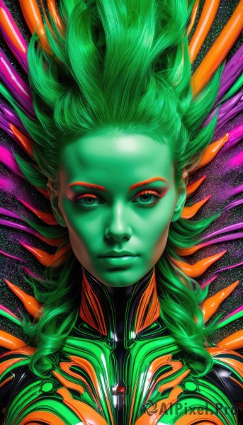 1girl,solo,long hair,looking at viewer,smile,closed mouth,green eyes,upper body,braid,green hair,lips,bodysuit,makeup,floating hair,colored skin,portrait,eyeshadow,eyeliner,green skin,orange hair,science fiction,realistic,space