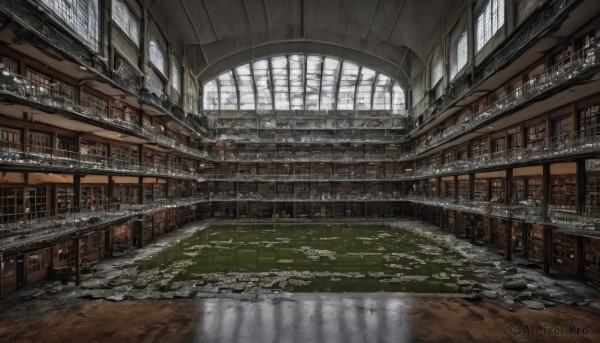 day,indoors,water,no humans,window,sunlight,scenery,reflection,wooden floor,stairs,door,bookshelf,architecture,bridge,library,ceiling,building,ruins