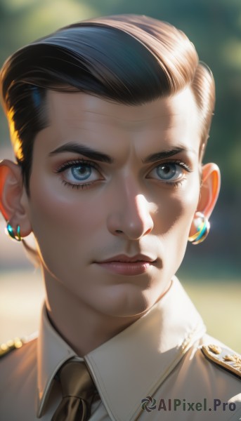 1girl,solo,looking at viewer,short hair,blue eyes,shirt,black hair,1boy,jewelry,closed mouth,white shirt,male focus,earrings,necktie,collared shirt,artist name,blurry,uniform,lips,looking to the side,military,eyelashes,military uniform,blurry background,sunlight,portrait,black necktie,realistic,nose,very short hair,undercut,brown hair,signature,grey eyes,depth of field,close-up,backlighting,epaulettes,brown necktie