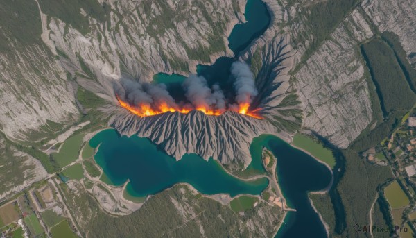 1girl,solo,outdoors,sky,cloud,no humans,glowing,bird,fire,building,scenery,smoke,flying,mountain,city,silhouette,giant,destruction,water,tree,from above,burning