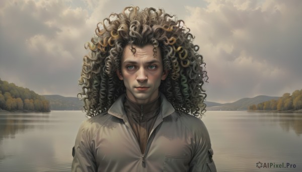 1girl,solo,long hair,looking at viewer,smile,blue eyes,shirt,black hair,1boy,closed mouth,jacket,upper body,male focus,outdoors,sky,cloud,dark skin,water,tree,lips,cloudy sky,zipper,reflection,curly hair,realistic,lake,afro,sunlight,nature,scenery,sunset,mountain,landscape,sunrise