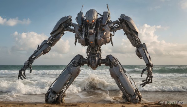 solo,red eyes,outdoors,sky,day,cloud,water,no humans,kneeling,glowing,ocean,beach,robot,mecha,glowing eyes,science fiction,sand,open hands,realistic,military vehicle,waves,shore,humanoid robot