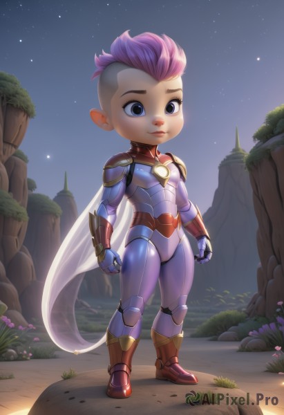 1girl,solo,looking at viewer,smile,short hair,blue eyes,gloves,1boy,closed mouth,standing,full body,pink hair,purple hair,flower,male focus,multicolored hair,boots,outdoors,sky,artist name,chibi,cape,armor,lips,bodysuit,night,grass,shoulder armor,gauntlets,star (sky),night sky,clenched hands,starry sky,rock,armored boots,very short hair,white cape,mohawk,pointy ears,scar,undercut