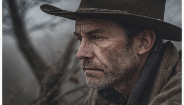 solo,short hair,black hair,1boy,hat,closed mouth,upper body,male focus,outdoors,blurry,black eyes,from side,tree,black headwear,blurry background,facial hair,portrait,beard,realistic,stubble,brown headwear,manly,bare tree,cowboy hat,scarf,close-up,grey sky