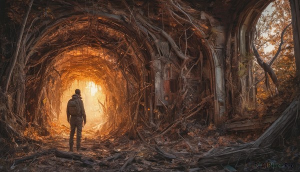 solo,short hair,black hair,1boy,standing,jacket,male focus,boots,outdoors,pants,signature,hood,bag,from behind,tree,leaf,sunlight,backpack,hood down,nature,scenery,forest,walking,science fiction,light rays,facing away,autumn leaves,ruins,wide shot,orange theme,indoors,window,plant,1other,ambiguous gender,overgrown