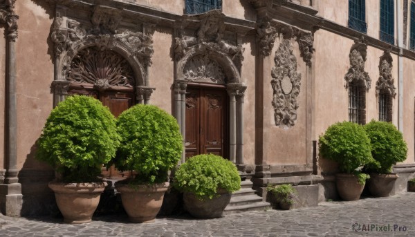 outdoors,day,tree,no humans,window,plant,building,scenery,stairs,door,potted plant,lamppost,pillar,statue,arch,bush,architecture,gate,column