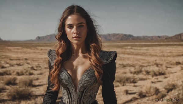 1girl,solo,long hair,breasts,looking at viewer,brown hair,long sleeves,cleavage,brown eyes,medium breasts,collarbone,upper body,multicolored hair,outdoors,parted lips,day,blurry,lips,bodysuit,depth of field,blurry background,wavy hair,curly hair,realistic,center opening,plunging neckline,dress,sky,sunlight,breasts apart,field,desert