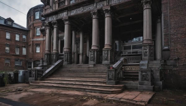 outdoors,sky,day,cloud,no humans,window,ground vehicle,building,scenery,motor vehicle,stairs,door,road,ruins,power lines,street,pavement,cloudy sky,plant,architecture,pillar,arch