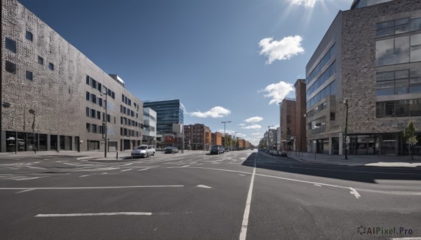 outdoors,sky,day,cloud,tree,blue sky,no humans,window,shadow,sunlight,cloudy sky,ground vehicle,building,scenery,motor vehicle,city,sign,car,road,cityscape,lamppost,street,road sign,traffic light,crosswalk,real world location,light rays