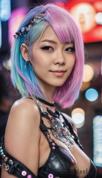 1girl,solo,breasts,looking at viewer,smile,short hair,bangs,hair ornament,cleavage,bare shoulders,jewelry,medium breasts,closed mouth,blue hair,swimsuit,upper body,pink hair,bikini,multicolored hair,earrings,choker,necklace,nail polish,bra,blurry,black eyes,two-tone hair,lips,looking to the side,aqua hair,gradient hair,depth of field,blurry background,black bikini,piercing,black bra,ear piercing,bikini top only,freckles,realistic,nose,eyebrow piercing,blue eyes,outdoors,artist name,signature,from side,grey eyes,eyelashes,swept bangs,black choker,bob cut,asymmetrical hair,pink lips,bokeh,mascara