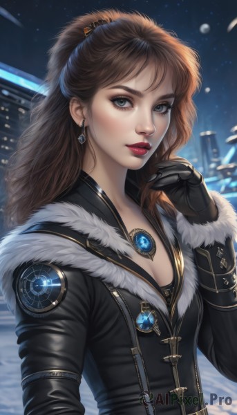 1girl,solo,long hair,breasts,looking at viewer,blue eyes,brown hair,hair ornament,gloves,long sleeves,cleavage,jewelry,medium breasts,jacket,upper body,ponytail,earrings,small breasts,outdoors,black gloves,hand up,necklace,blurry,lips,coat,grey eyes,fur trim,eyelashes,makeup,night,lipstick,gem,night sky,snow,pendant,zipper,snowing,realistic,nose,winter clothes,red lips,leather,winter,signature,eyeshadow,city,city lights