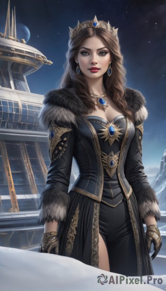 1girl,solo,long hair,breasts,looking at viewer,brown hair,gloves,long sleeves,dress,cleavage,brown eyes,jewelry,medium breasts,standing,cowboy shot,earrings,outdoors,parted lips,sky,black gloves,necklace,black dress,bracelet,lips,coat,fur trim,makeup,night,tiara,crown,lipstick,gem,star (sky),night sky,snow,side slit,starry sky,gold trim,red lips,mole,moon,full moon,realistic,planet