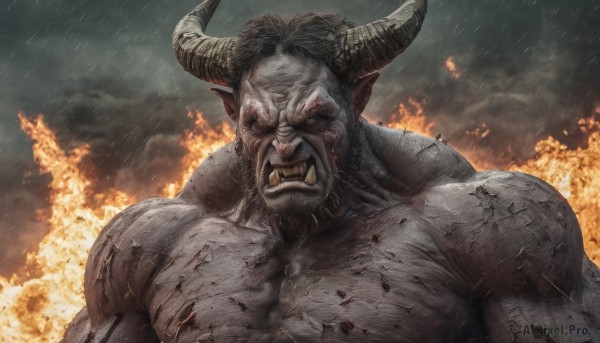 solo,looking at viewer,open mouth,1boy,upper body,male focus,horns,sky,teeth,pointy ears,cloud,blood,muscular,colored skin,facial hair,fangs,cloudy sky,fire,demon horns,beard,rain,veins,injury,manly,explosion,grey skin,black hair,topless male,realistic,demon,demon boy,burning