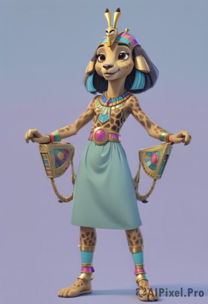 1girl,solo,smile,short hair,skirt,simple background,black hair,hair ornament,holding,animal ears,bare shoulders,brown eyes,jewelry,closed mouth,blue hair,standing,tail,full body,multicolored hair,small breasts,barefoot,sleeveless,belt,artist name,signature,necklace,flat chest,bracelet,two-tone hair,blue skirt,gradient,gradient background,:3,watermark,blue background,topless,happy,bob cut,child,dog ears,furry,purple background,anklet,furry female,female child,body fur,animal nose,gold,egyptian,egyptian clothes,aqua skirt,deer ears,animal feet,breasts,dress,teeth,medium hair,grey background,sleeveless dress,claws,freckles,green dress,headpiece,dog girl,snake hair ornament,two-tone fur