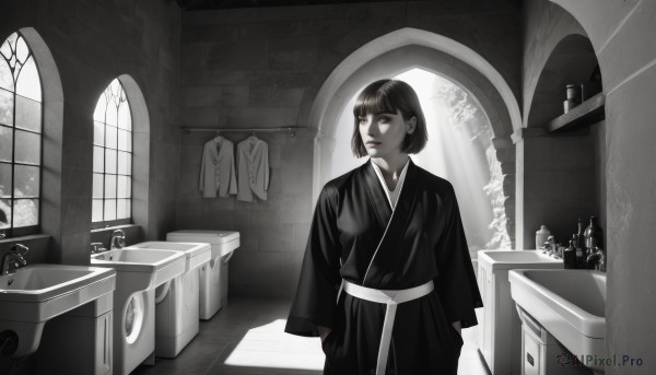 1girl,solo,short hair,bangs,long sleeves,closed mouth,standing,monochrome,greyscale,cowboy shot,japanese clothes,indoors,blunt bangs,kimono,lips,looking to the side,sash,window,looking away,table,sunlight,bob cut,bottle,plant,robe,mirror,arms at sides,sink,drawer,cabinet,looking at viewer,shirt,day,signature,wide sleeves,makeup,expressionless,scenery,reflection,nose,tiles,candle,wall,bathroom,toothbrush,cosmetics,faucet,grey theme