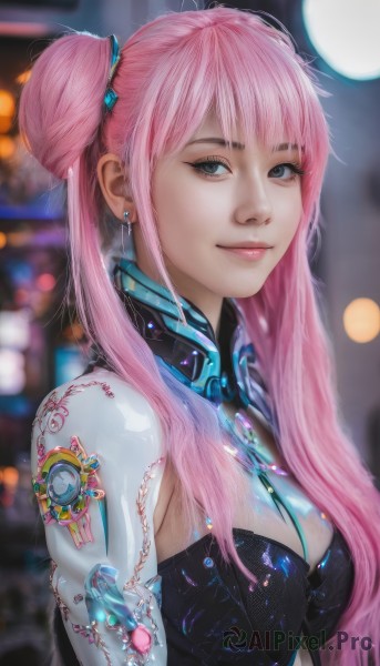 1girl,solo,long hair,breasts,looking at viewer,smile,bangs,cleavage,twintails,jewelry,medium breasts,closed mouth,upper body,pink hair,earrings,hair bun,blurry,black eyes,lips,double bun,makeup,blurry background,science fiction,realistic,nose,blue eyes,artist name,eyelashes,tattoo,gem