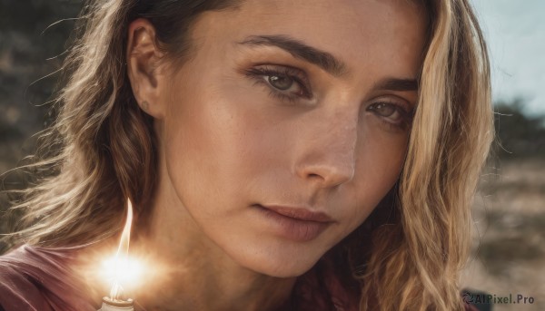 1girl,solo,long hair,looking at viewer,smile,blonde hair,brown hair,brown eyes,jewelry,closed mouth,earrings,outdoors,blurry,lips,eyelashes,depth of field,blurry background,portrait,close-up,freckles,realistic,nose,candle