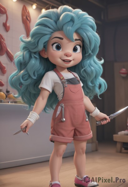 1girl,solo,long hair,looking at viewer,smile,open mouth,blue eyes,shirt,holding,blue hair,standing,full body,white shirt,short sleeves,:d,shoes,teeth,artist name,indoors,blurry,flat chest,lips,aqua hair,depth of field,blurry background,upper teeth only,bandages,table,thick eyebrows,knife,wristband,sneakers,child,bandaid,freckles,curly hair,pink footwear,female child,holding knife,overalls,overall shorts,blush,green hair,wavy hair,aged down,messy hair