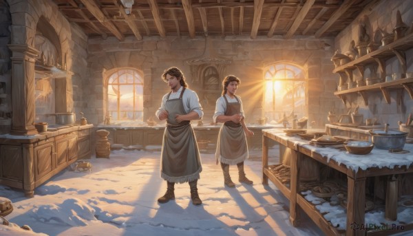 1girl,long hair,smile,short hair,multiple girls,brown hair,shirt,black hair,1boy,2girls,standing,white shirt,ponytail,boots,day,indoors,looking at another,apron,cup,window,shadow,facial hair,chair,brown footwear,table,sunlight,scenery,sleeves rolled up,bowl,light rays,wooden floor,kitchen,barrel,holding,collared shirt,beard,snow,fantasy,sleeves pushed up,jar,counter,fireplace,crate,wooden chair